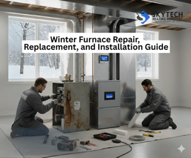 SkyTech Home Comfort Heating and Cooling technician repairing a furnace during winter installation in Ontario