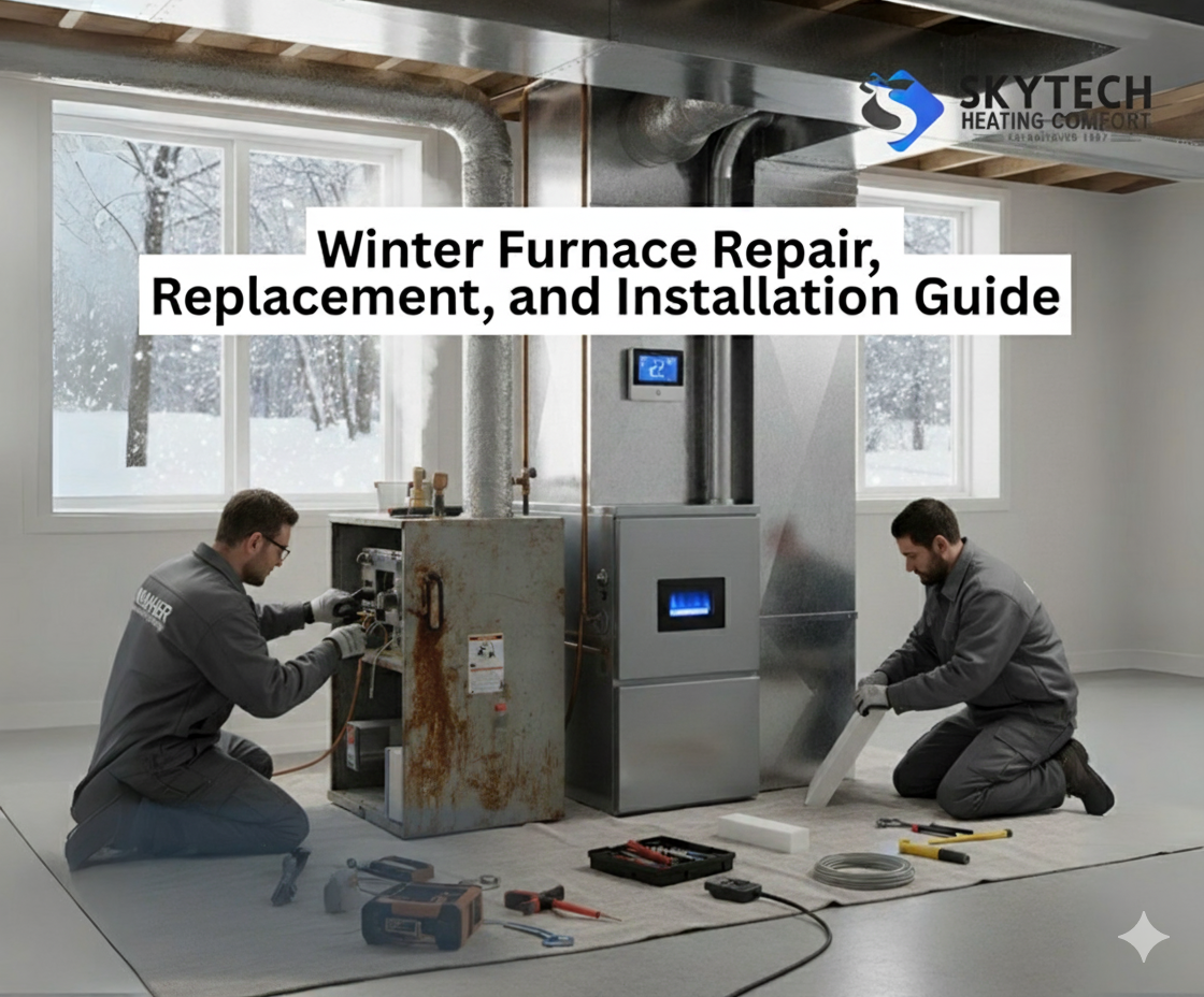 SkyTech Home Comfort Heating and Cooling technician repairing a furnace during winter installation in Ontario