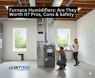 Furnace with humidifier attached, showing water panel and ductwork in a large room.