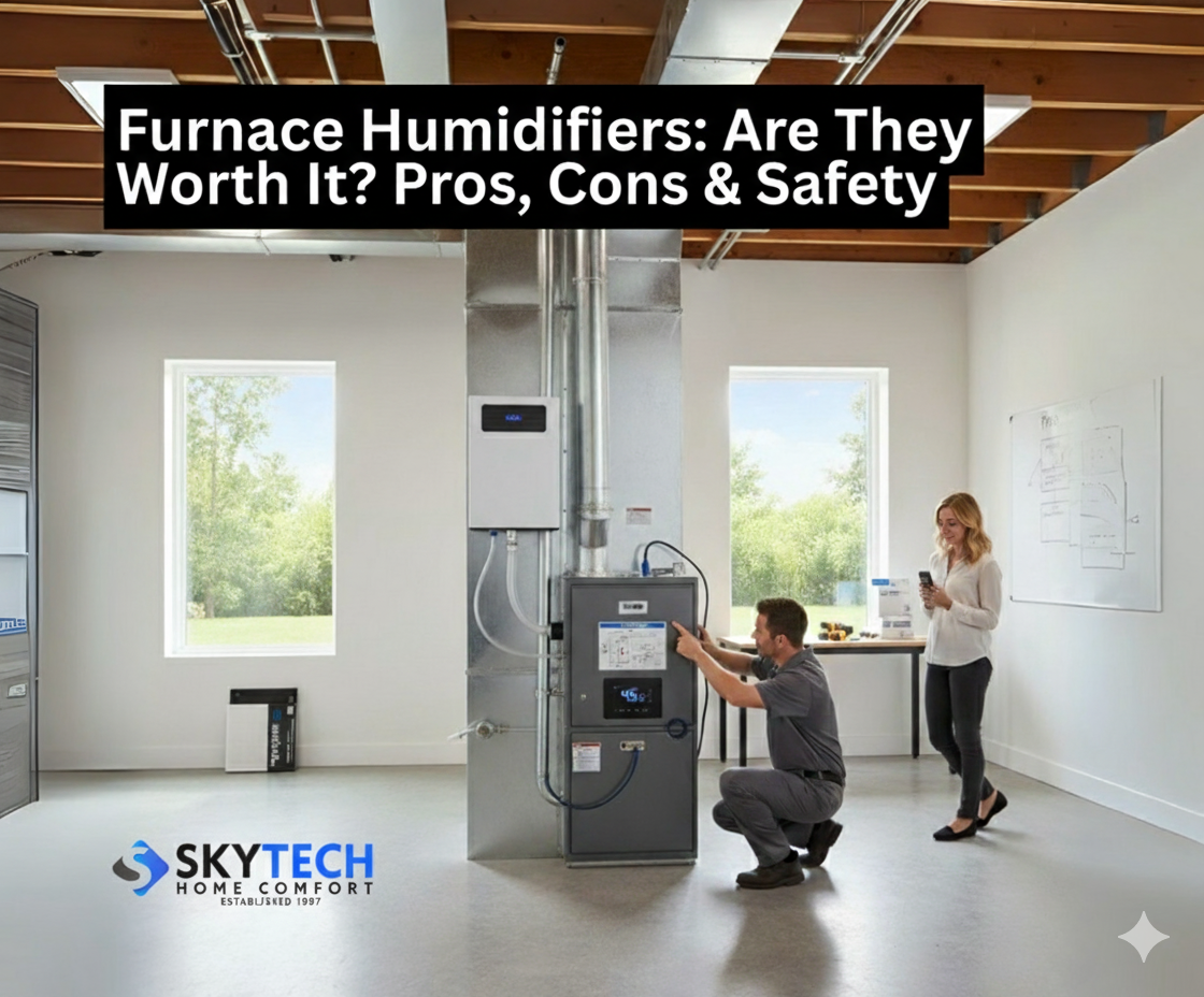 Furnace with humidifier attached, showing water panel and ductwork in a large room.